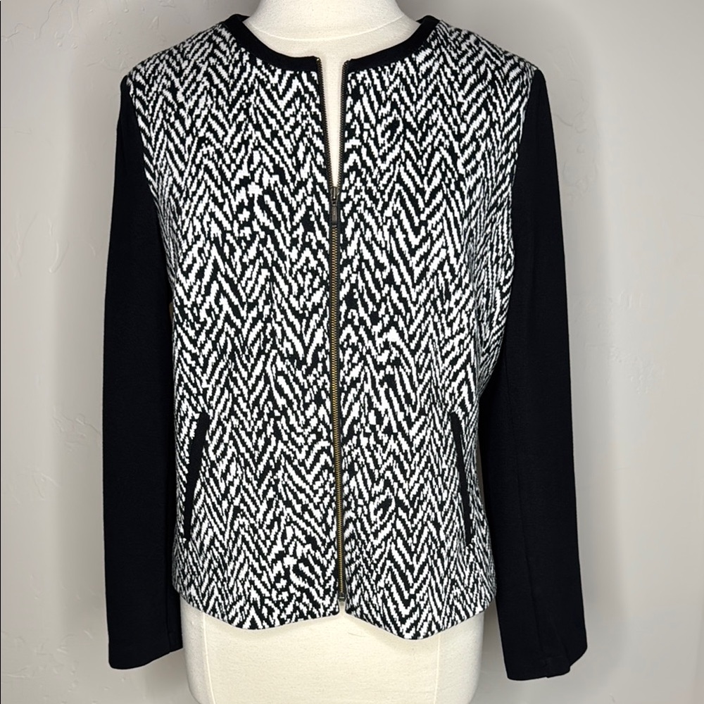 Talbots Black & White Front Zip Cardigan Jacket